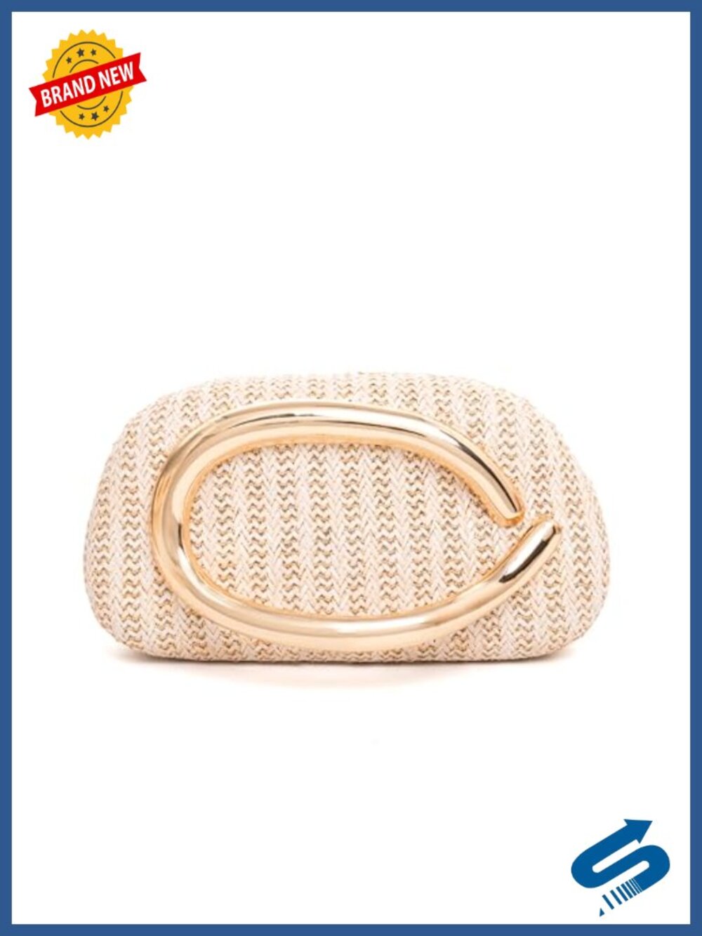 Woven Straw Clutch with Gold C Handle & Chain Strap